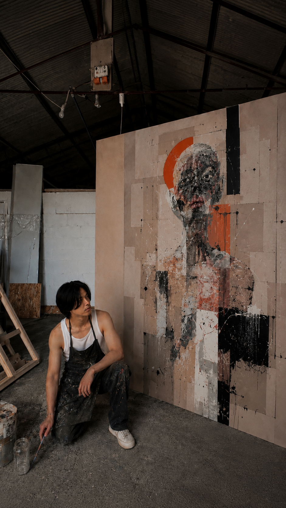Haruki dans son atelier devant une grande peinture